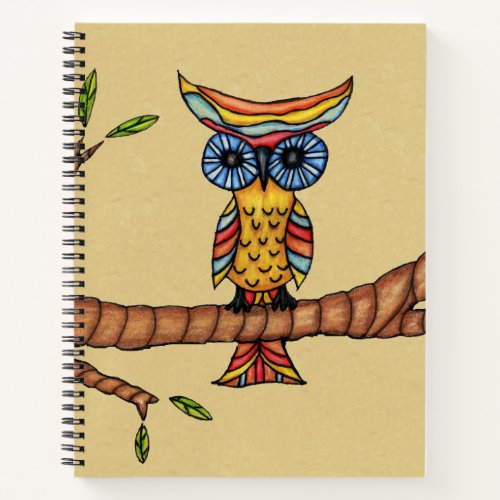 Colorful Fantasy Owl Blue Eyes Branch Leaves Tan Notebook