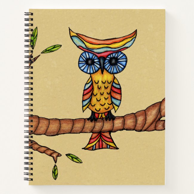 Colorful Fantasy Owl Blue Eyes Branch Leaves Tan