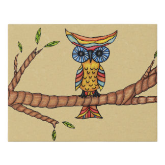 Colorful Fantasy Owl Blue Eyes on Branch Tan Faux Canvas Print