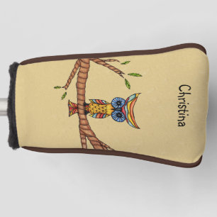 Colorful Fantasy Owl Blue eyes on Branch Tan Golf Head Cover