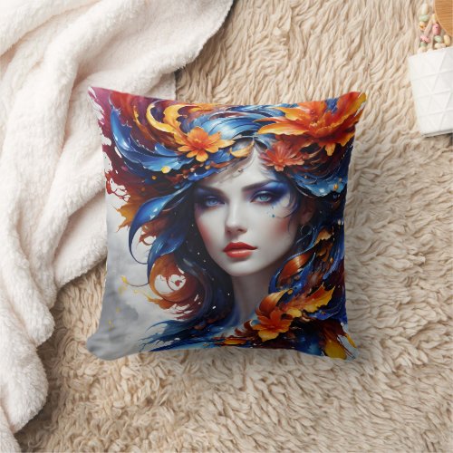 Colorful Fantasy Portrait of a Woman With Flowers Throw Pillow