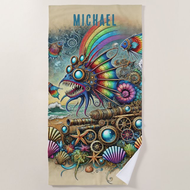 COLORFUL FANTASY STEAMPUNK SEA MONSTER  BEACH TOWEL (Front)