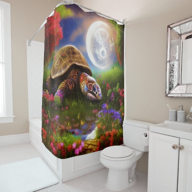 Colorful fantasy turtle shower curtain (In Situ)