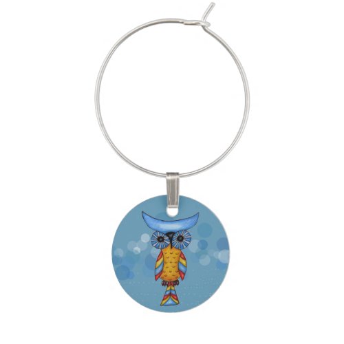 Colorful Fantasy Whimsical Owl Wine Glass Charm