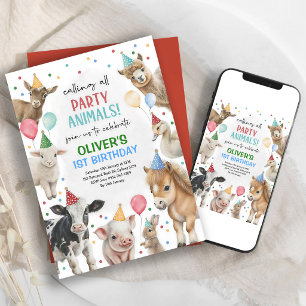 Colorful Farm Animals Balloons Boy Birthday Invitation