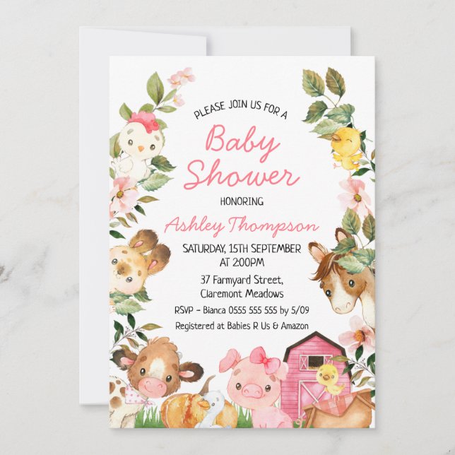 Colorful Farm Animals Pink Barn Baby Shower Invitation (Front)