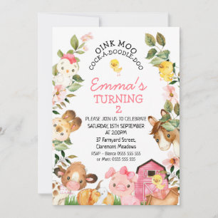 Colorful Farm Animals Pink Barn Birthday Invitation