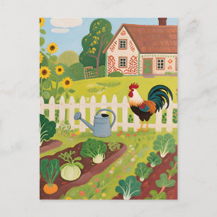 Colorful Farm Garden Rooster Postcard