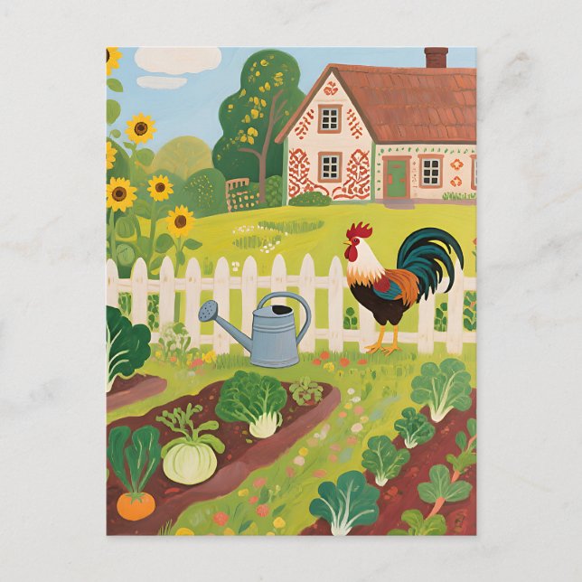 Colorful Farm Garden Rooster Postcard (Front)