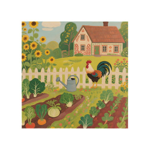 Colorful Farm Garden Rooster Wood Wall Art