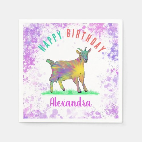 Colorful Farm Goat Girls Birthday Party Name Napkins