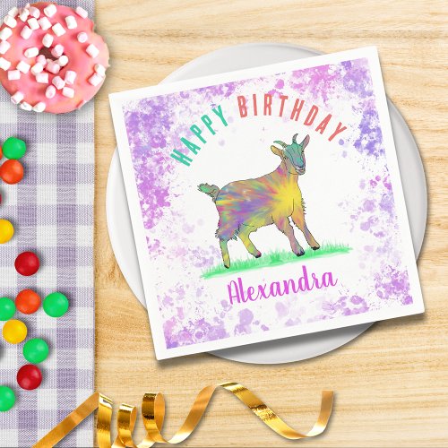 Colorful Farm Goat Girls Birthday Party Name Napkins