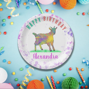 Colorful Farm Goat Girls Birthday Party Name Paper Plates