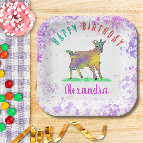 Colorful Farm Goat Girls Birthday Party Name Paper Plates