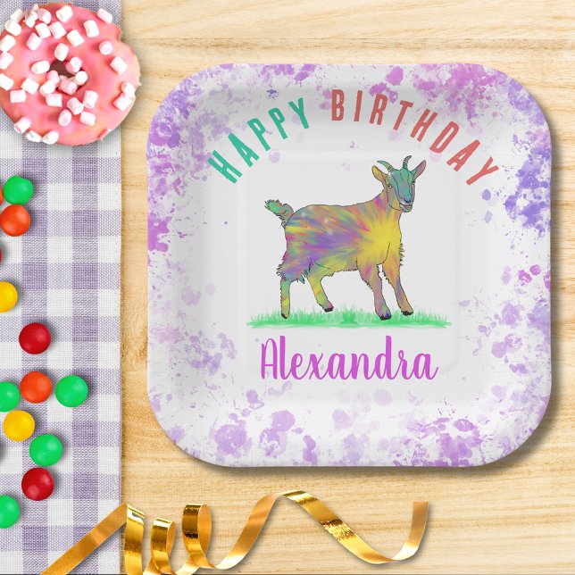 Colorful Farm Goat Girls Birthday Party Name Paper Plates (Cute goat colorful farm animal happy birthday party custom party paper plate)