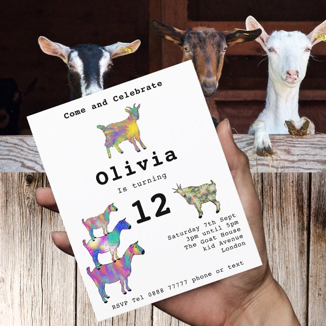 Colorful Farm Goats 12th Birthday Party Budget (Cute goats colorful farm animal a watercolor art 12th birthday party invitation & modern Typography)