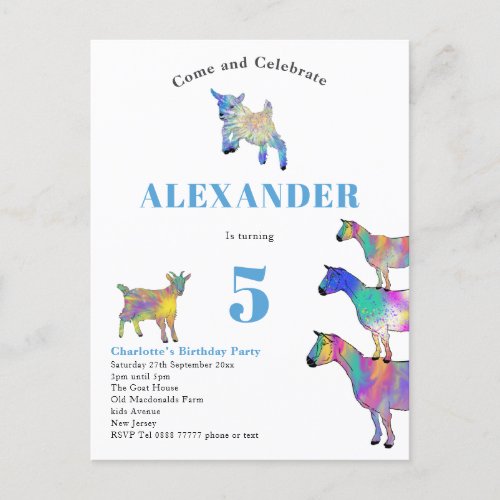 Colorful Farm Goats Birthday Party Blue Invitation Postcard