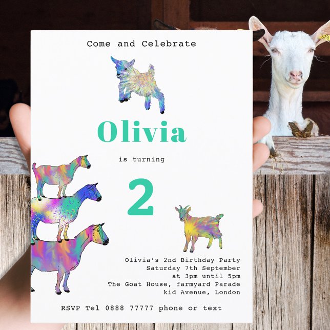 Colorful Farm Goats Birthday Party Invitation Postcard (Cute goats colorful farm animal art watercolor 2nd birthday party invitation postcard)