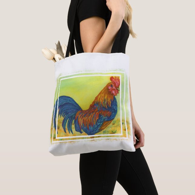 Colorful Farm Rooster Tote Bag (Close Up)