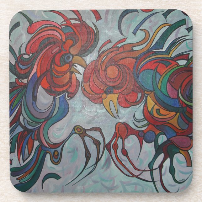 Colorful Farmyard Roosters Beverage Coaster (Front)