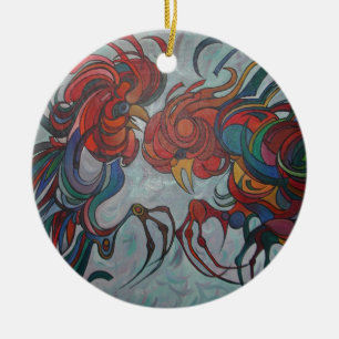 Colorful Farmyard Roosters Ceramic Ornament