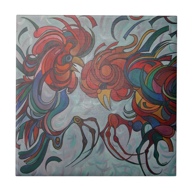 Colorful Farmyard Roosters Ceramic Tile (Front)