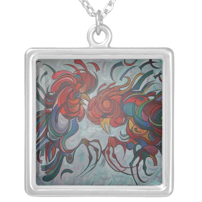 Colorful Farmyard Roosters Silver Plated Necklace (Front)
