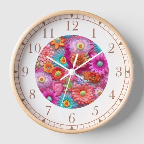 Colorful Faux Embroidered Floral Elegant Clock