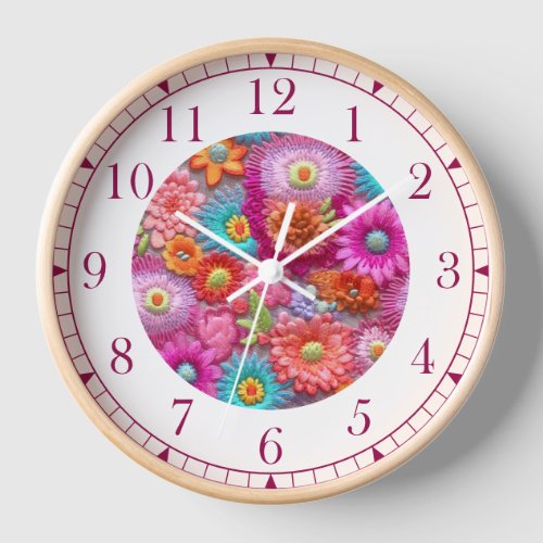 Colorful Faux Embroidered Floral Elegant Womans Clock