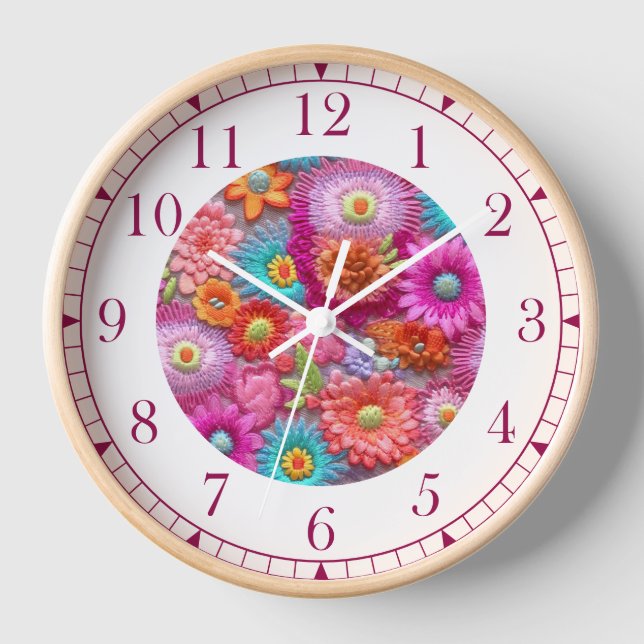 Colorful Faux Embroidered Floral Elegant Womans Clock (Front)