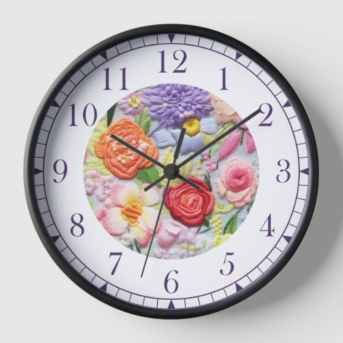 Colorful Faux Embroidered Floral Stylish Womans Clock