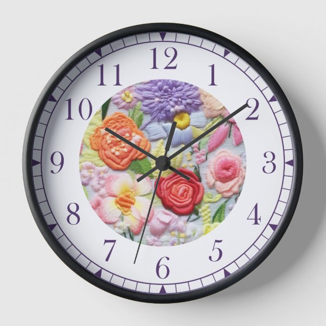 Colorful Faux Embroidered Floral Stylish Womans Clock (Front)