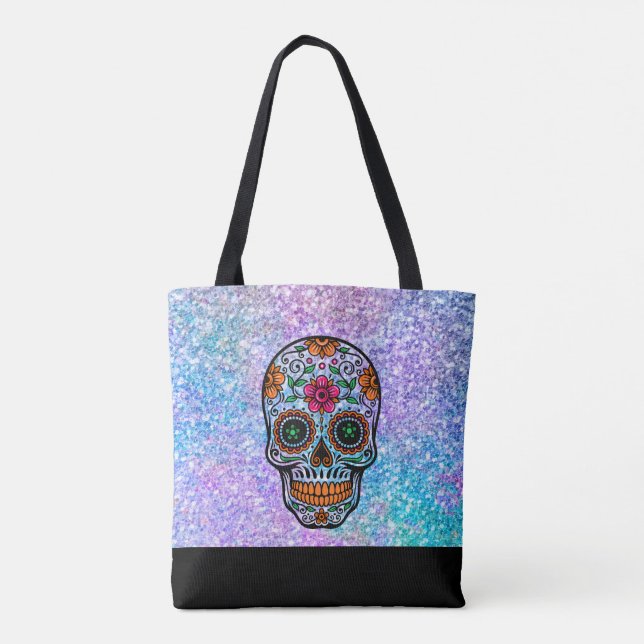 Colorful faux flitter and retro sugar skull tote bag (Back)
