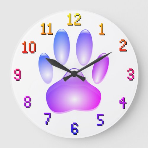 Colorful Faux Glass Dog Paw Print Large Clock