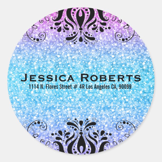 Colorful Faux Glitter & Black Lace Classic Round Sticker (Front)