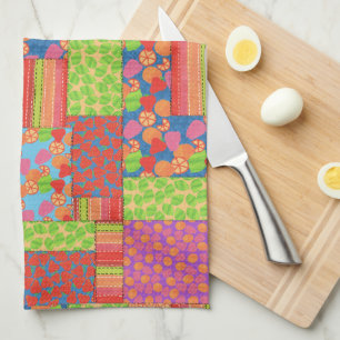 Colorful Faux Patchwork of Summer Fruits Patterns Kitchen Towel