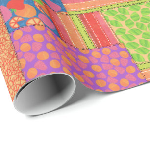 Colorful Faux Patchwork of Summer Fruits Patterns Wrapping Paper