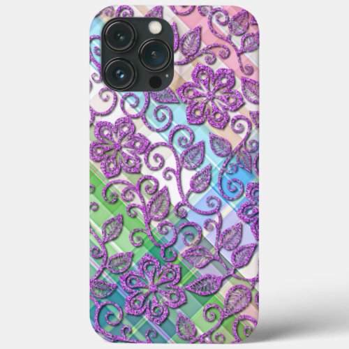 Colorful Faux Pink Glitter Floral Art Pattern iPhone 13 Pro Max Case