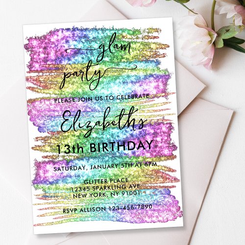 Colorful Faux Rainbow Glitter Girls Glam Spa Party Invitation