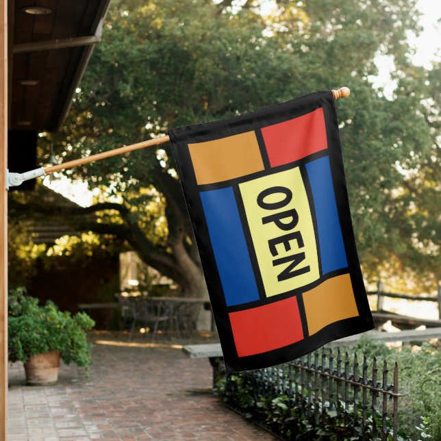 Colorful Faux Stained Glass Open for Business Flag (In SItu)