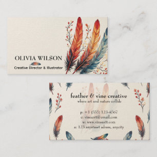 Colorful Feather and Autumn Branches Business Card