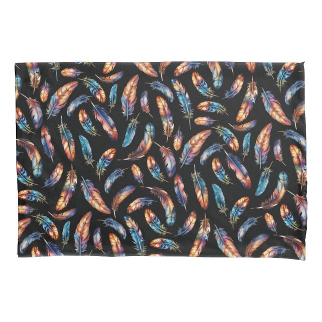 Colorful Feather Art Reversible Boho Graphic Print Pillow Case (Front)