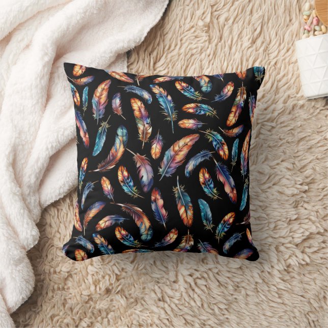 Colorful Feather Art Reversible Boho Graphic Print Throw Pillow (Blanket)