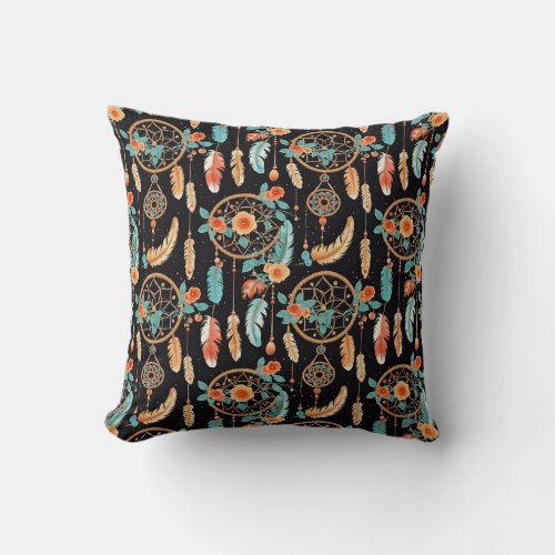Colorful feather dreamcatcher floral black teal  throw pillow