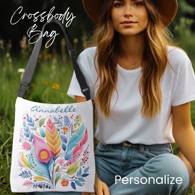 Colorful Feather Floral Tote Bag, Boho Style, (Creator Uploaded)