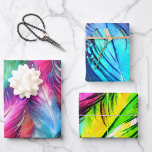 Colorful Feather Matching Mix Wrapping Paper Sheets