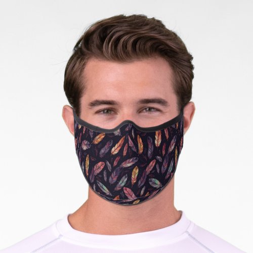 Colorful Feather Pattern on Black Background Premium Face Mask