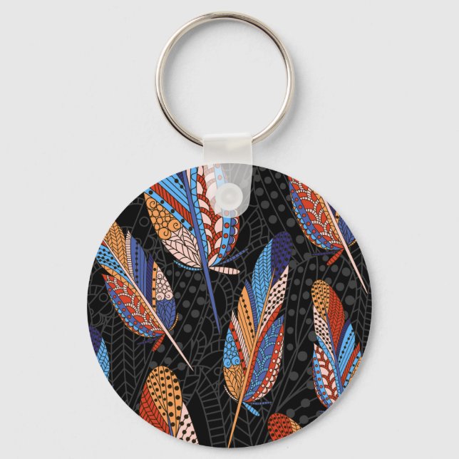 Colorful Feather Pattern Seamless Background. Keychain (Front)