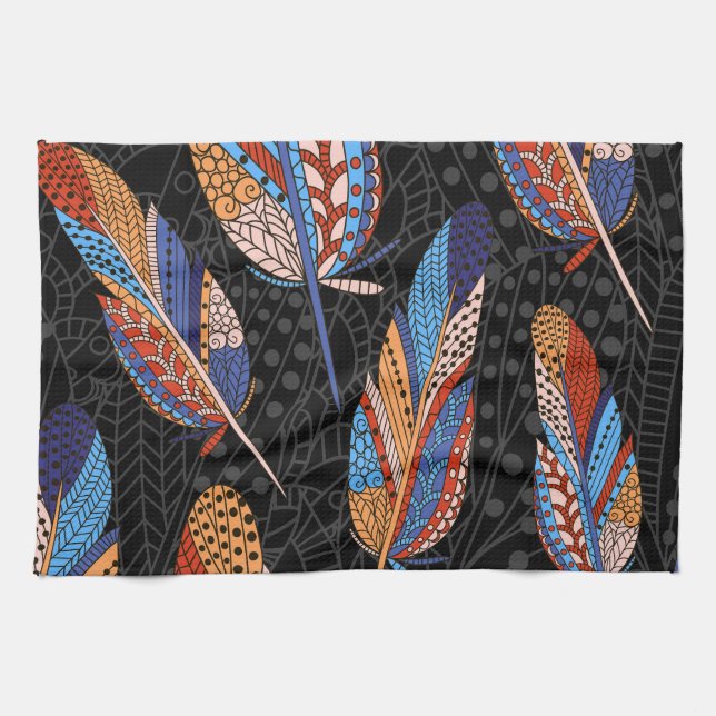 Colorful Feather Pattern Seamless Background. Kitchen Towel (Horizontal)
