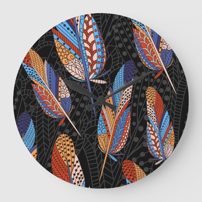 Colorful Feather Pattern Seamless Background. Large Clock (Front)